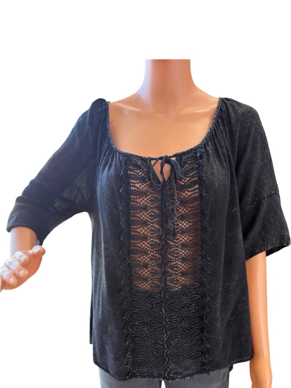 Relaxed Black Crochet-Front Peasant Blouse